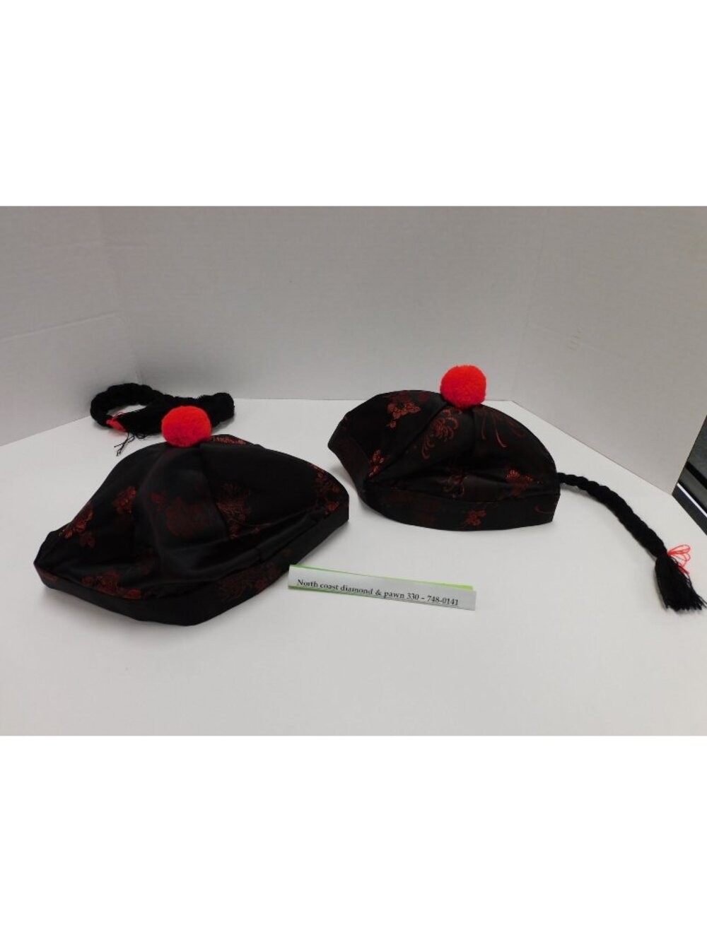 Chinese Style Hats With Red Pom & Braided Black Tassels - 2 Pack MM64